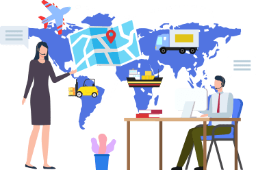 国際化を表す世界地図とビジネスサポートのイラスト